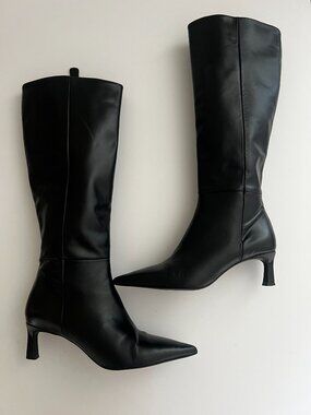 Zara Black Leather Mid-Heel Knee High Boots Size EU 37/ US 6.5